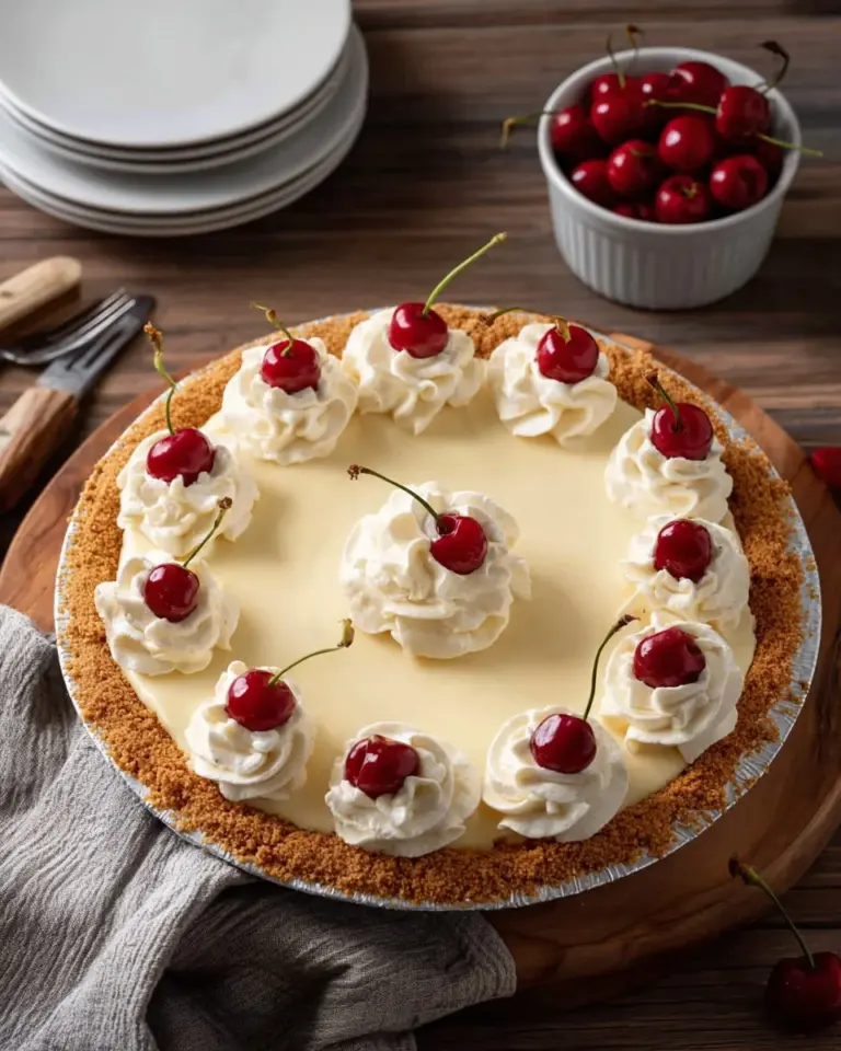 Delicious Root Beer Float Pie topped with whipped cream and root beer flavors