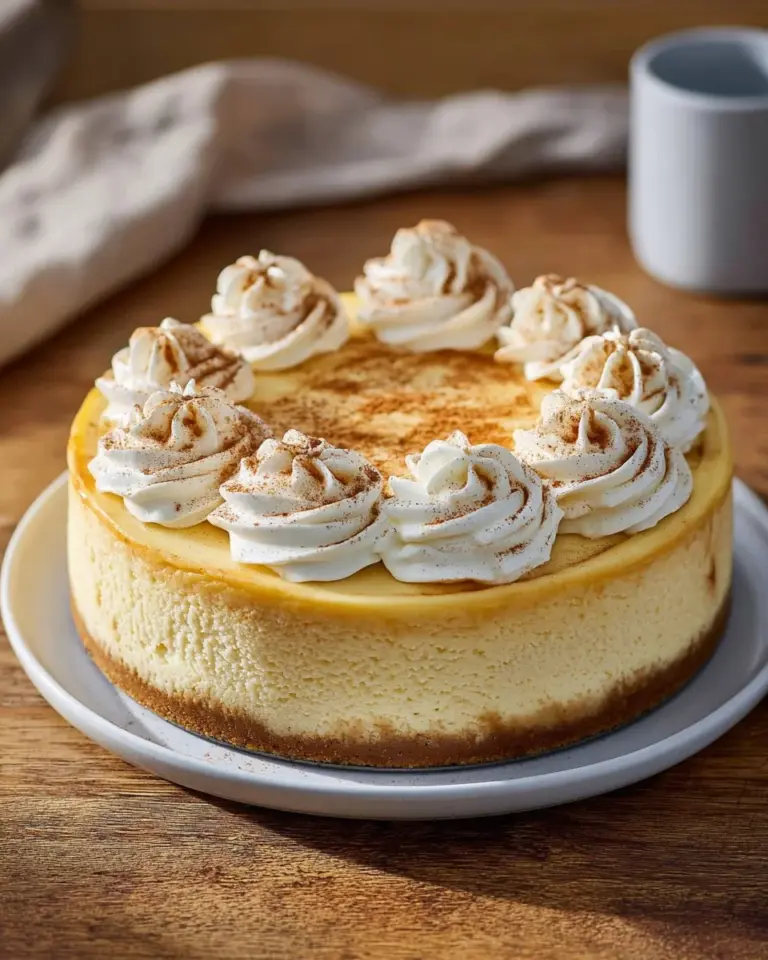 Delicious homemade RumChata Cheesecake topped with a creamy glaze