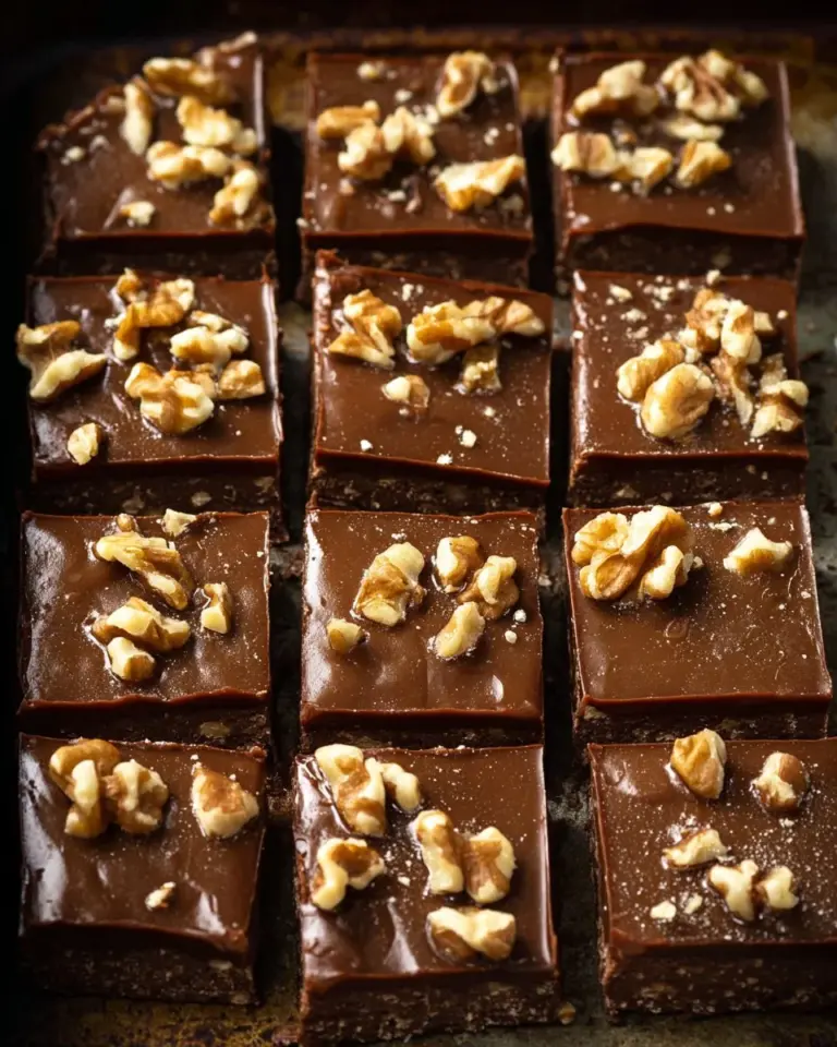 Delicious homemade salted caramel fudge bars on a wooden table