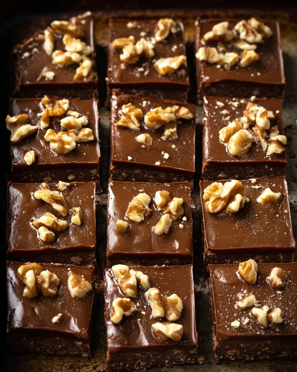 Delicious homemade salted caramel fudge bars on a wooden table