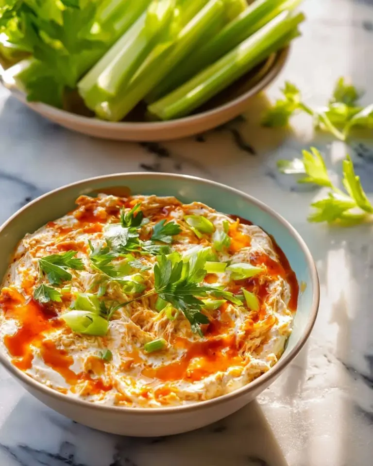 Delicious simple cold Buffalo Chicken Dip served in a bowl with celery sticks.