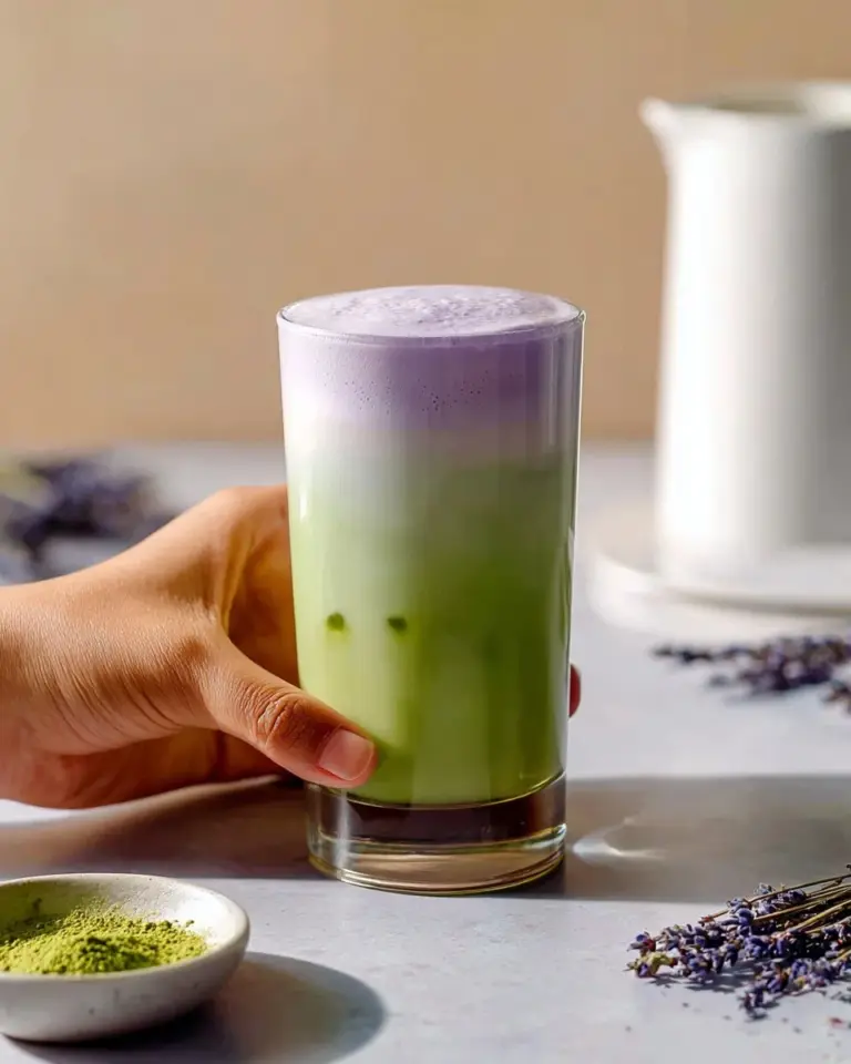 Simple matcha latte topped with lavender cold foam in a stylish cup