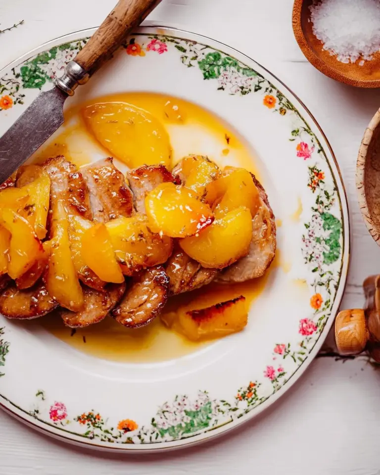 Skillet pork chops with apples and a savory pan sauce in a skillet.