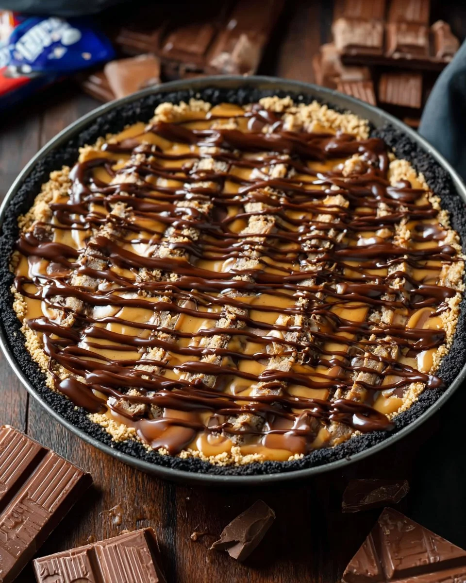 Delicious homemade Snickers Pie topped with chocolate and peanuts.