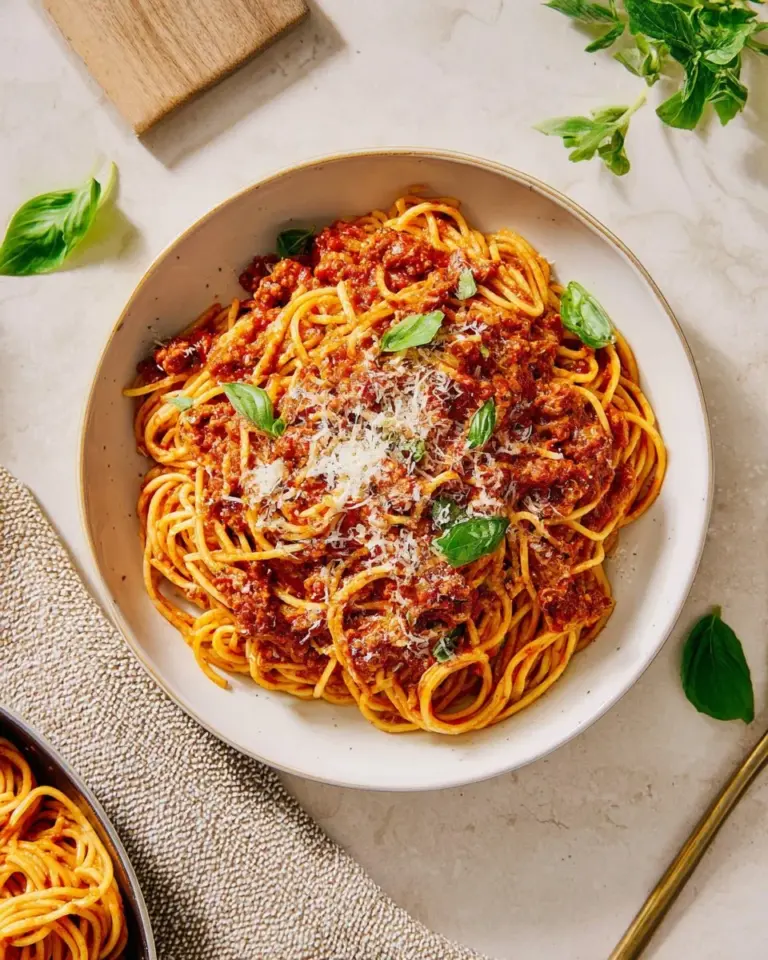 Plate of spaghetti topped with rich meat sauce and grated cheese