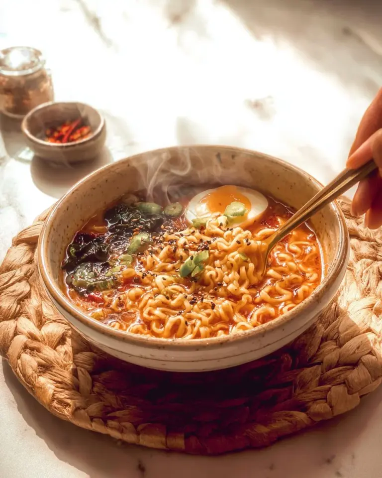 Bowl of spicy ramen garnished with green onions and chili peppers