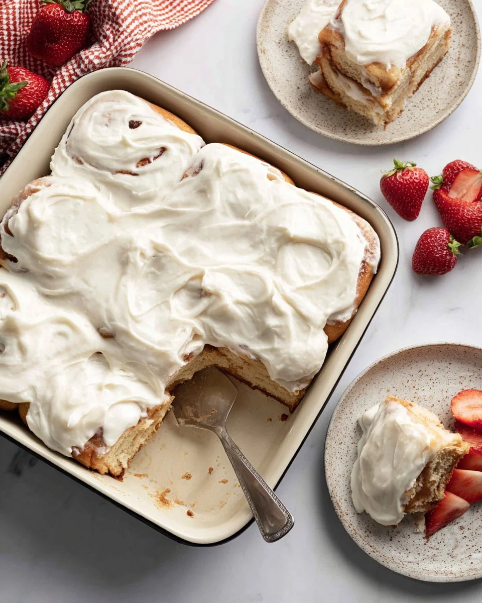 Delicious strawberries and cream sweet rolls on a white plate