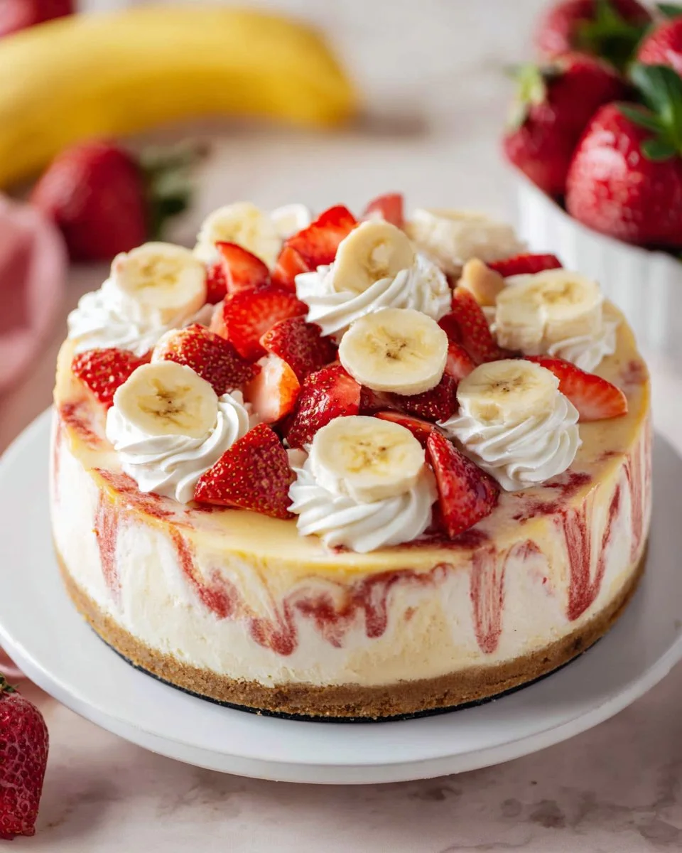 Delicious Strawberry Banana Cheesecake topped with fresh strawberries and bananas