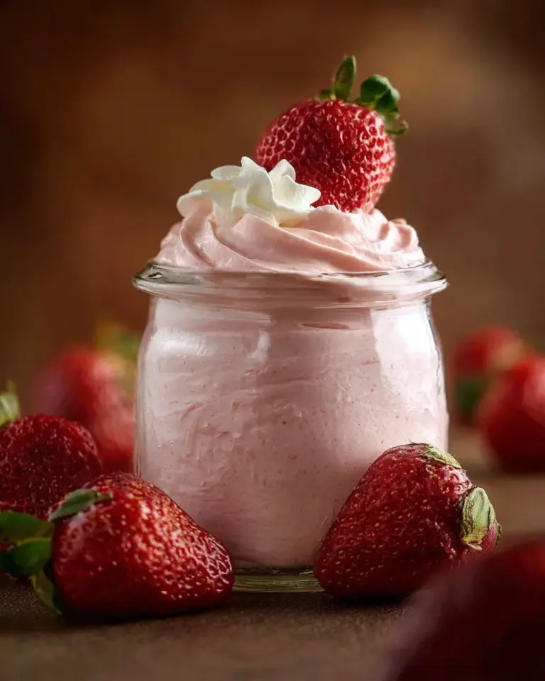 Delicious strawberry cheesecake mousse dessert with fresh strawberries and whipped cream.