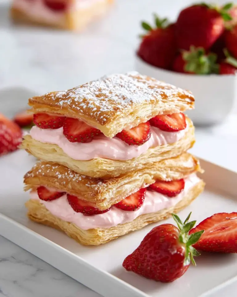 Strawberry Cheesecake Napoleon dessert with layers of cheesecake and strawberries.