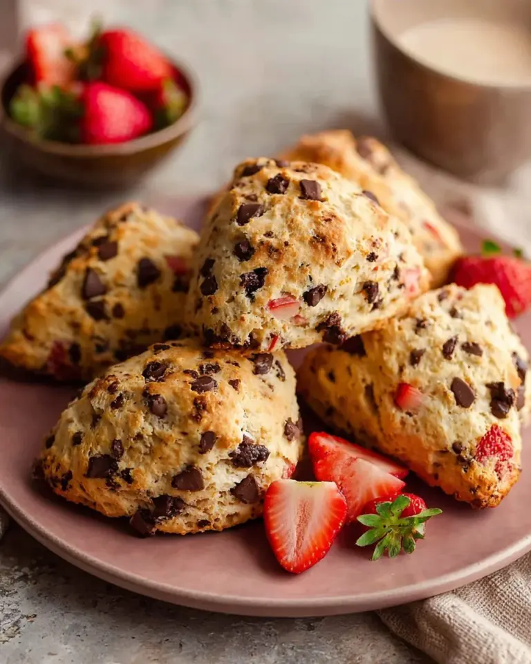 Freshly baked Strawberry Chocolate Chip Scones on a plate