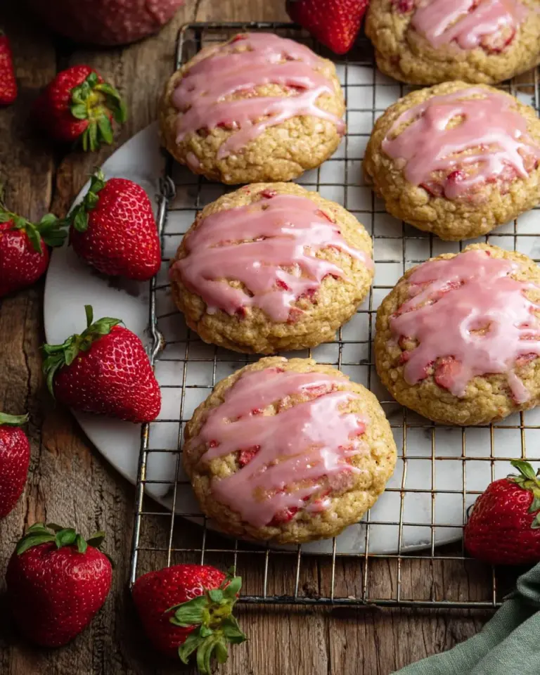 Delicious strawberry iced oatmeal cookies topped with icing on a white plate.