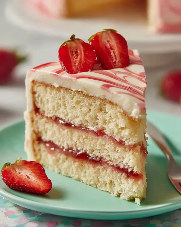 Homemade Strawberry Layer Cake with fresh strawberries and fluffy layers