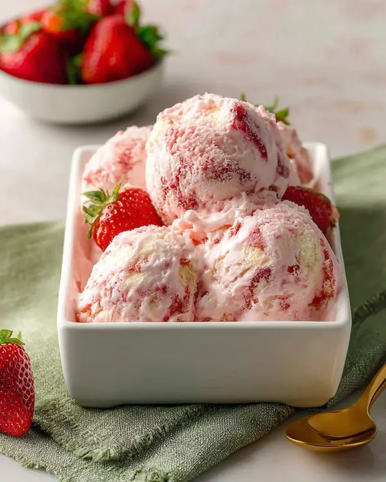 Delicious Strawberry Shortcake Ice Cream topped with fresh strawberries and whipped cream