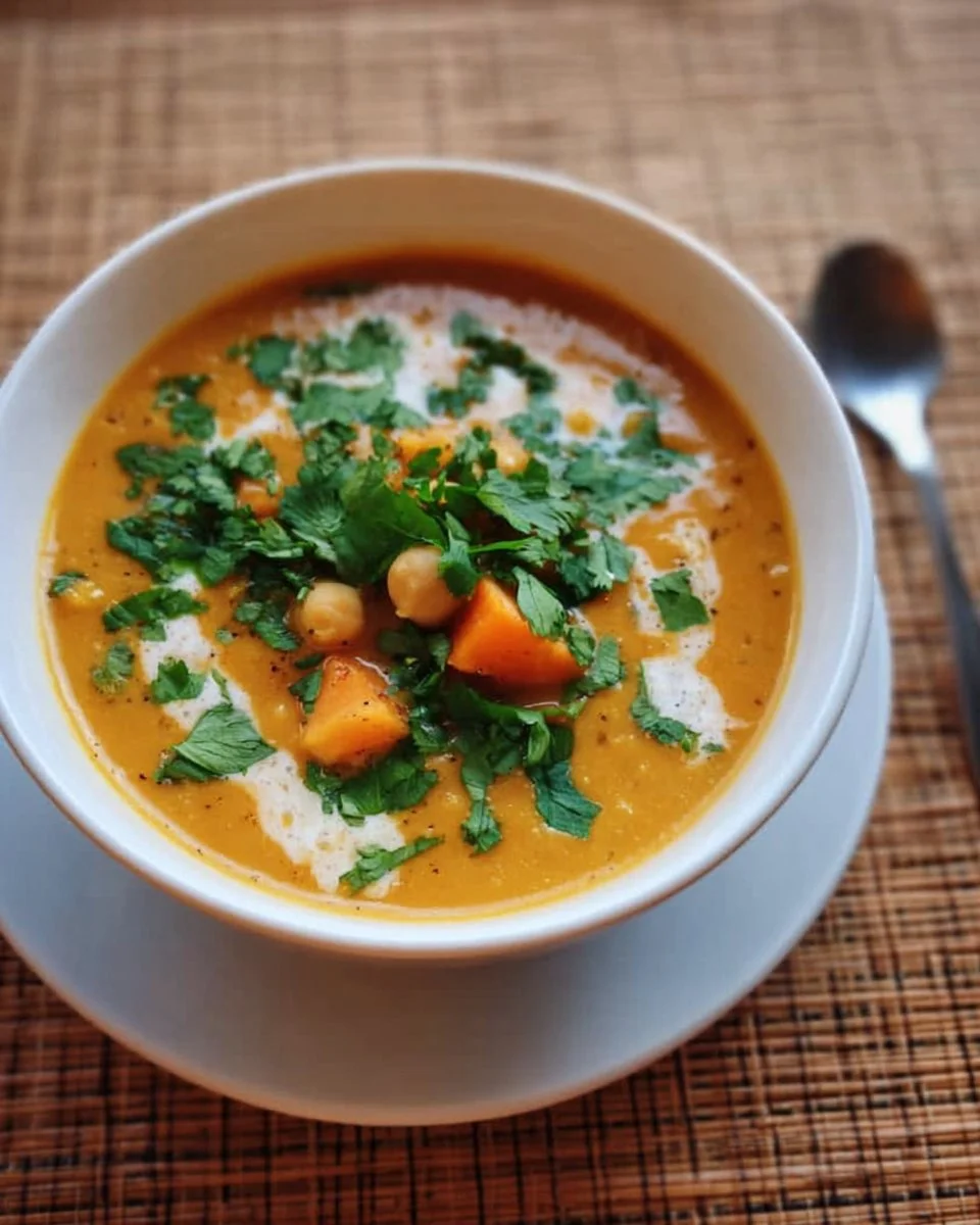 Bowl of Sweet Potato Curry Chickpea Soup garnished with cilantro
