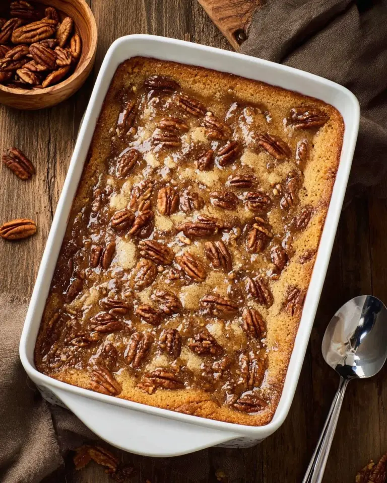 Delicious Sweet Potato Dump Cake topped with whipped cream and pecans