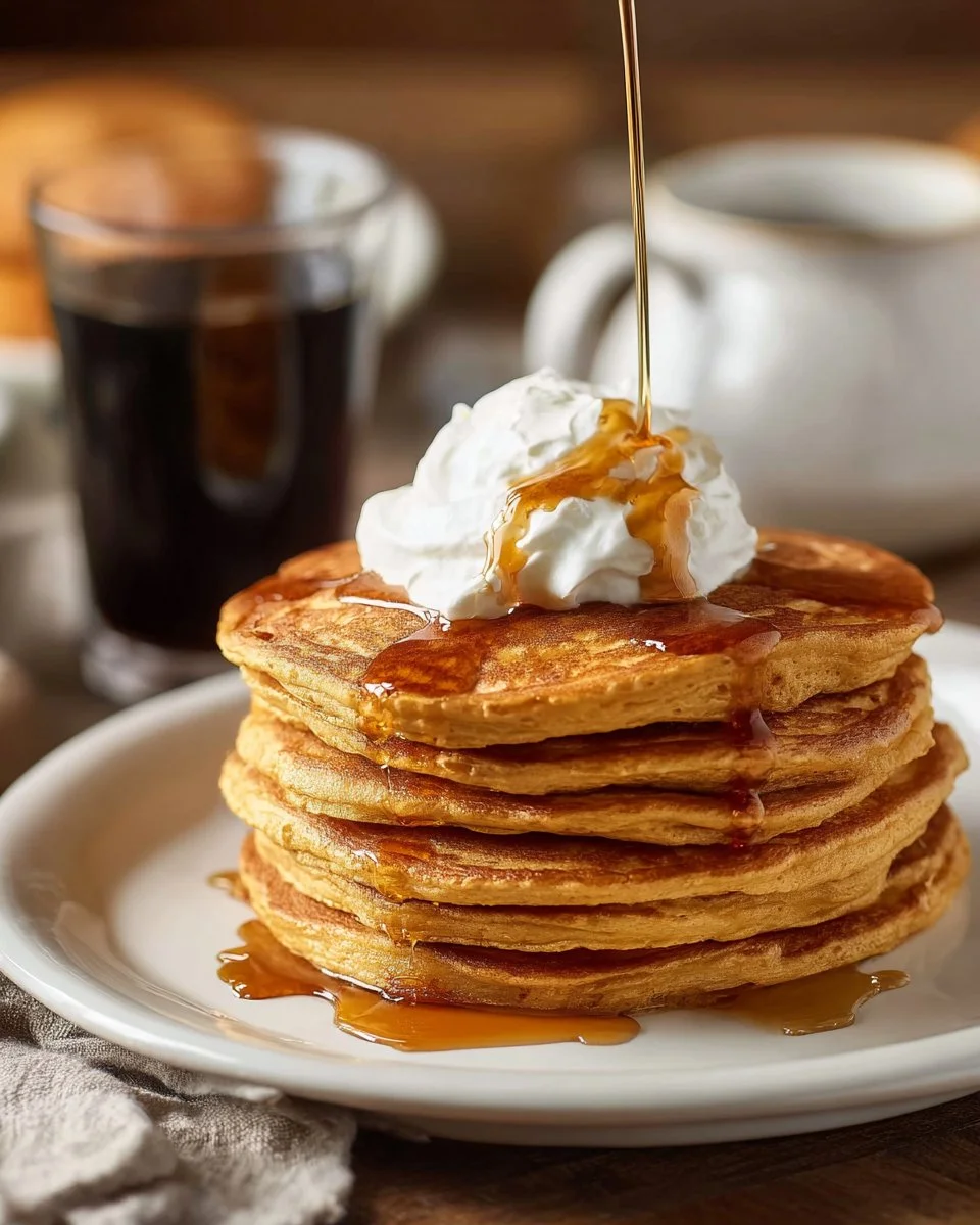 Fluffy sweet potato pancakes topped with syrup and nuts on a white plate.