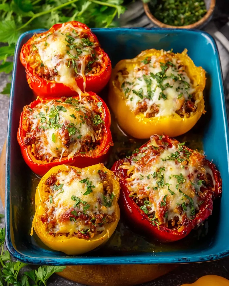 Tasty ground turkey stuffed peppers on a plate, garnished and ready to eat