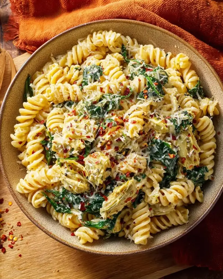 Creamy spinach artichoke dip pasta served in a bowl