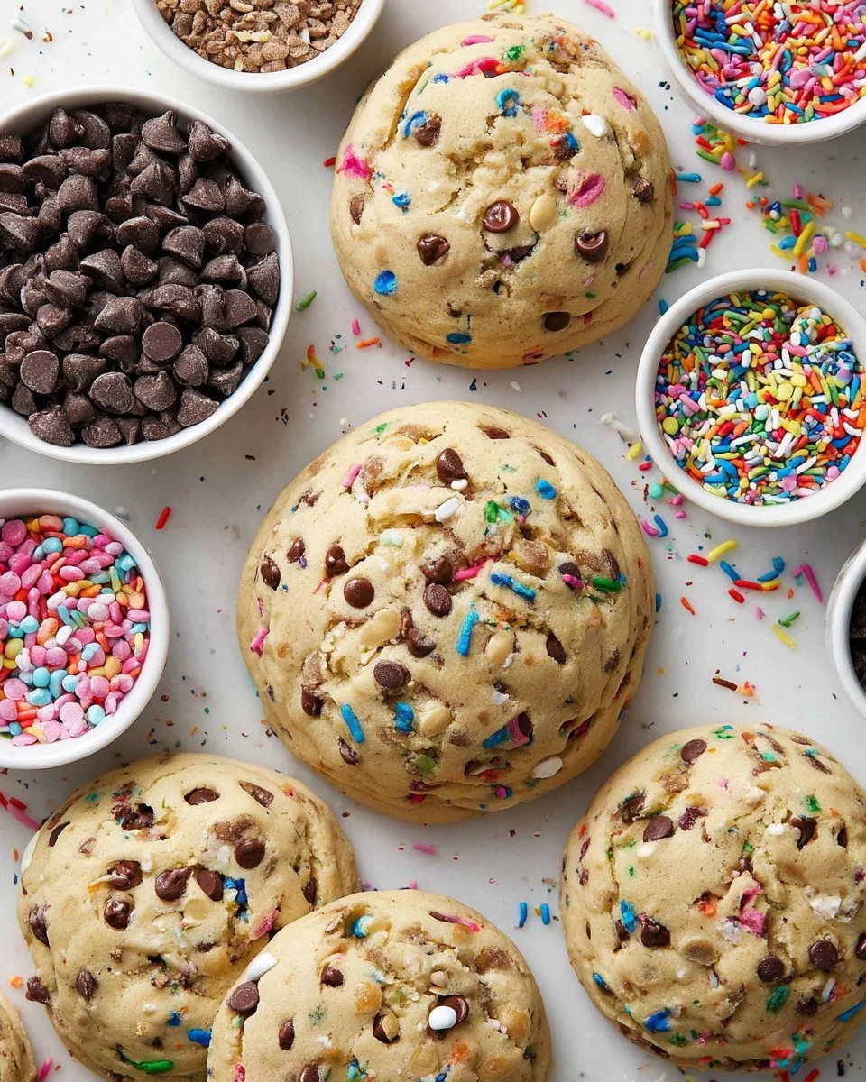 Thick and chewy sprinkles cookies topped with colorful sprinkles on a baking tray