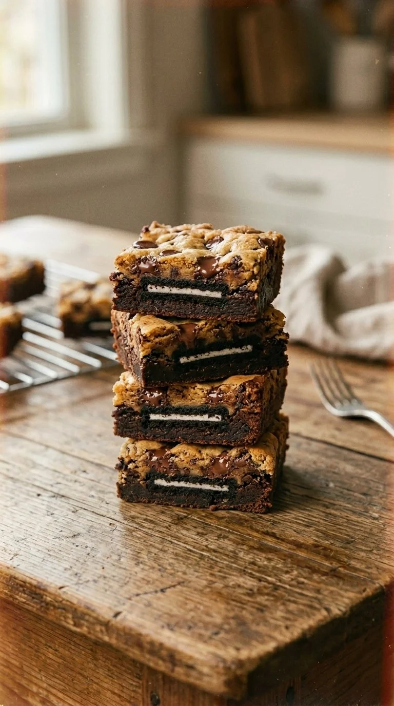Triple-Layer Oreo Brookies with brownies and Oreos stacked