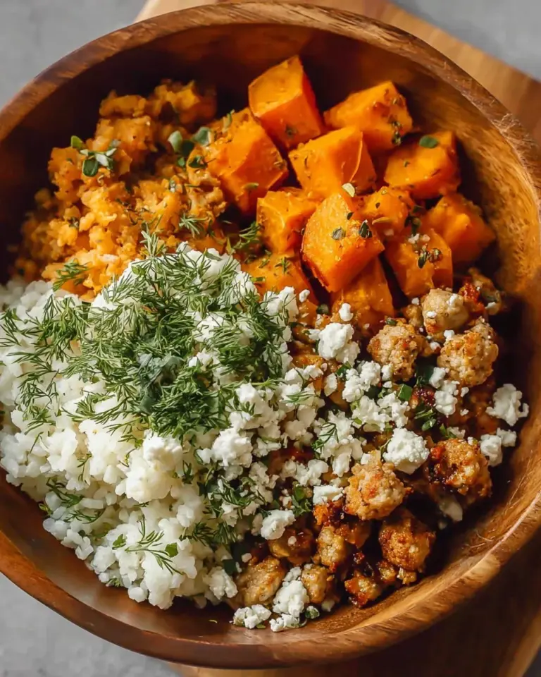 Turkey and roasted sweet potato bowl with feta sauce