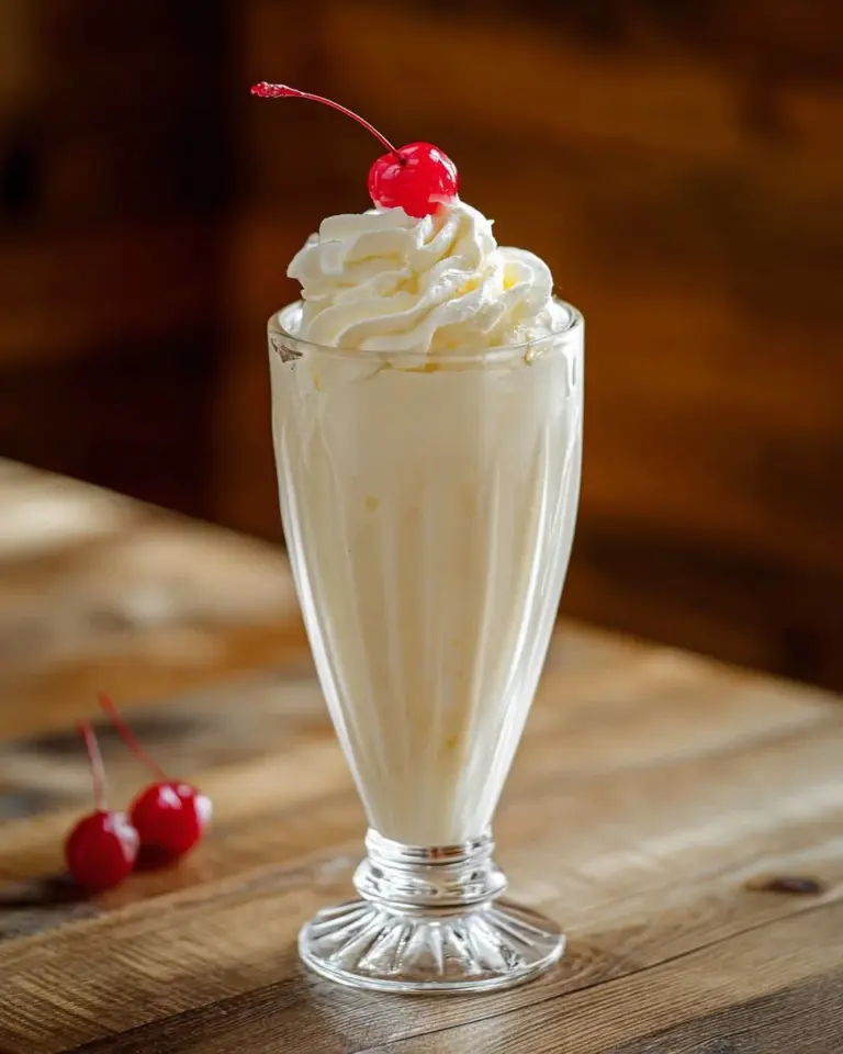 Delicious vanilla milkshake topped with whipped cream and a cherry