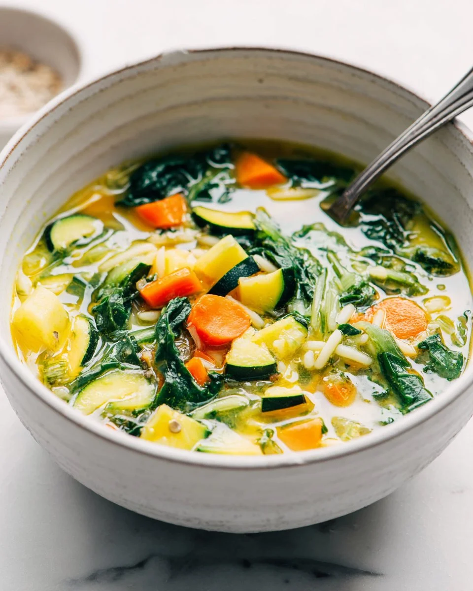 Bowl of hearty vegetable orzo soup filled with fresh vegetables and orzo pasta.