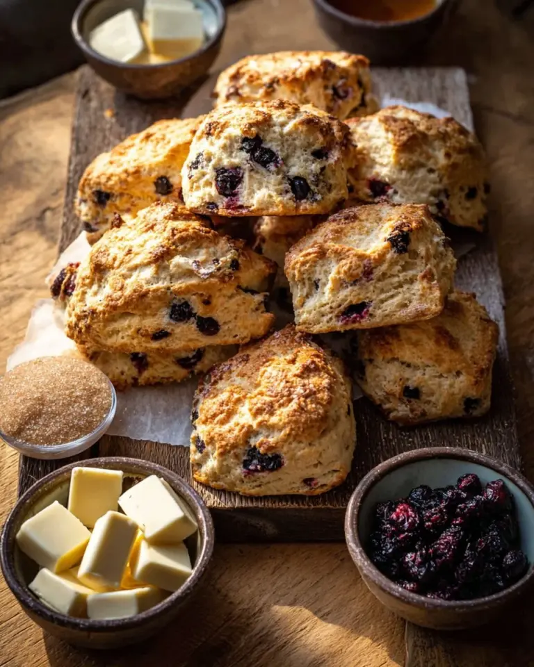 Freshly baked white chocolate blackberry scones on a plate