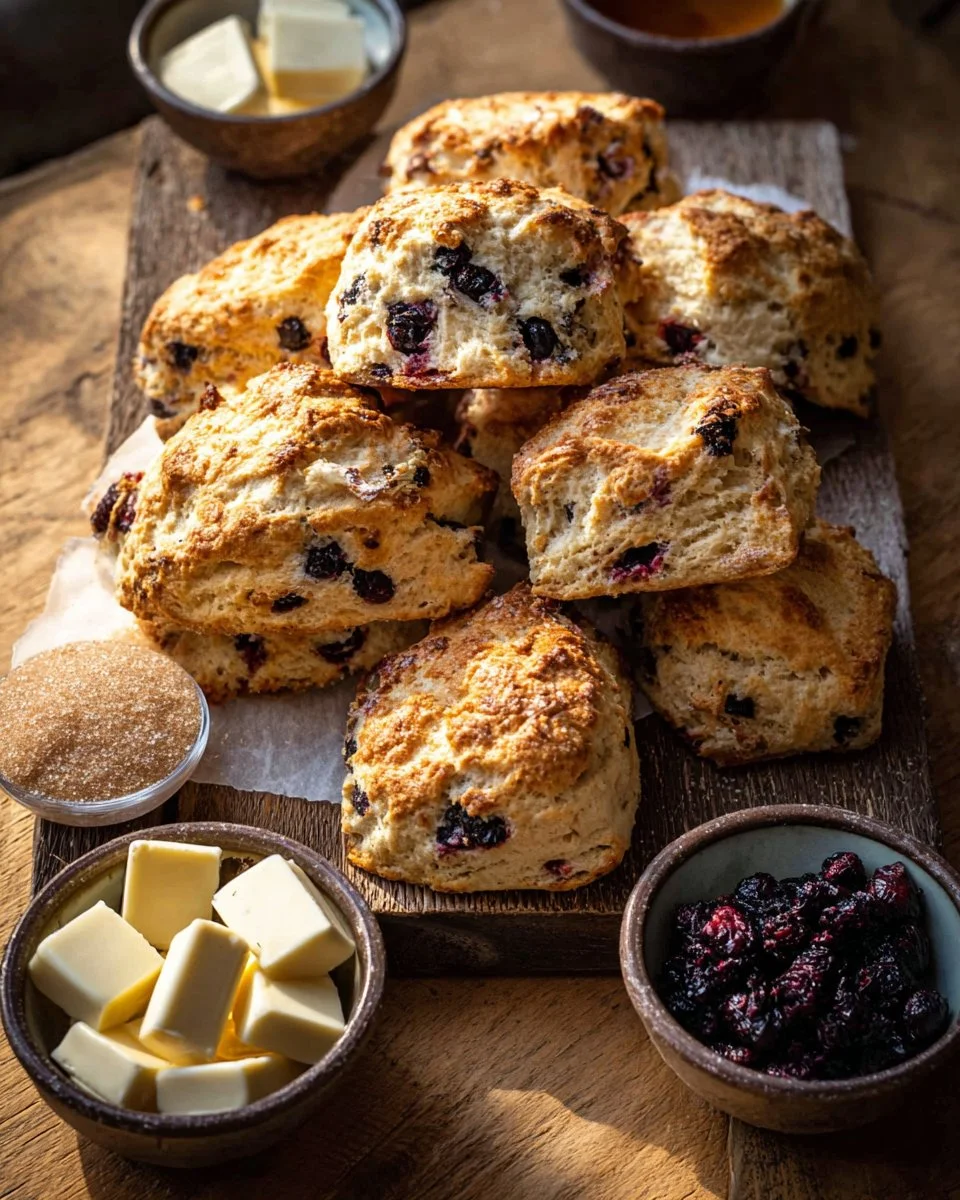 Freshly baked white chocolate blackberry scones on a plate