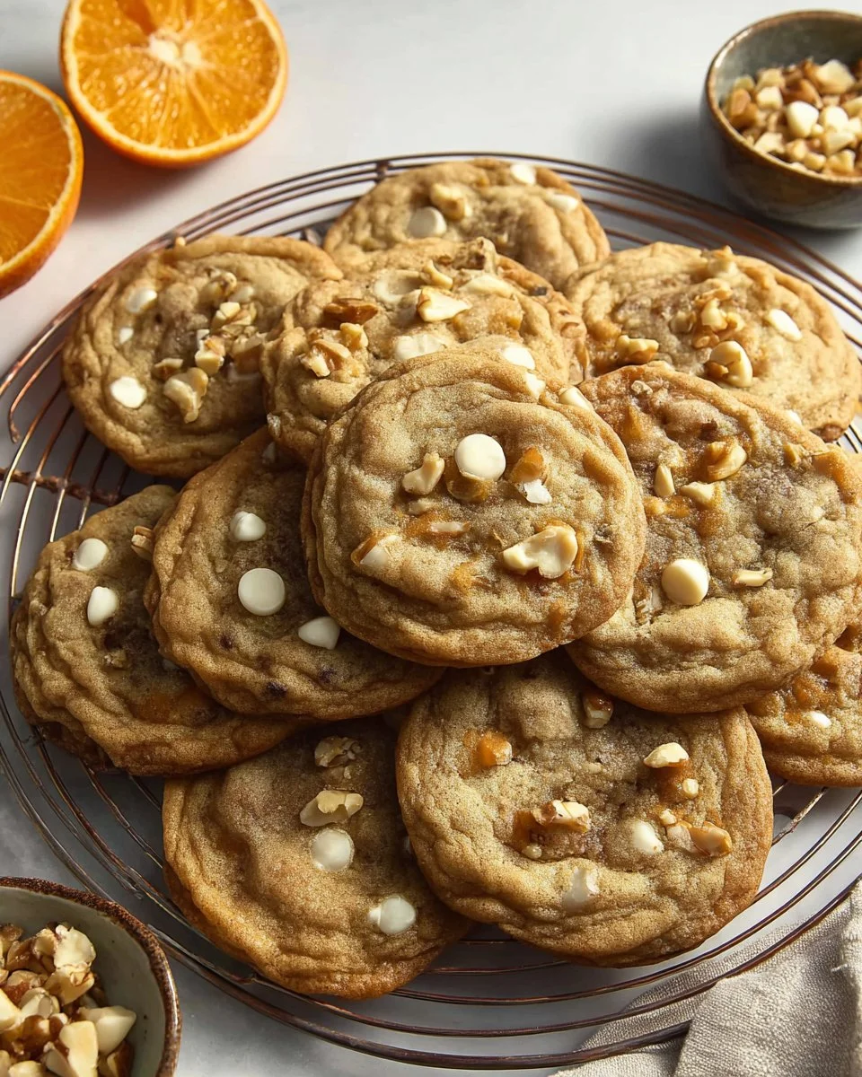 Freshly baked white chocolate orange cookies on a cooling rack