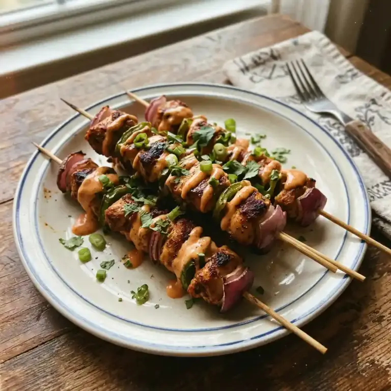 Air Fryer Bang Bang Chicken Skewers with spicy sauce on a platter