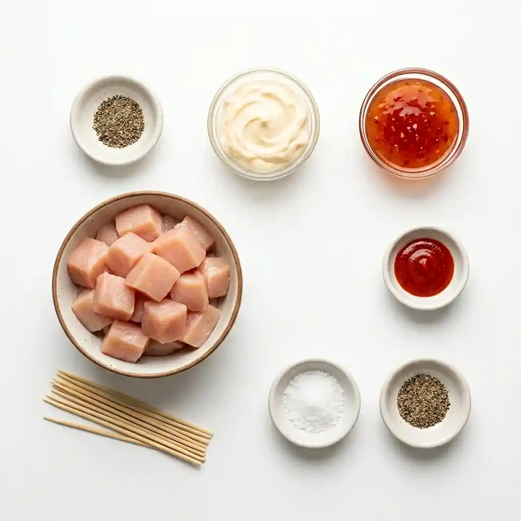 Air Fryer Bang Bang Chicken Skewers with spicy sauce on a platter