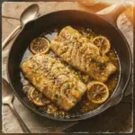 Delicious butter baked cod fresh out of the oven, garnished and ready to serve.