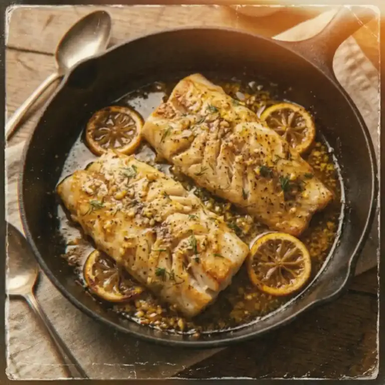 Delicious butter baked cod fresh out of the oven, garnished and ready to serve.