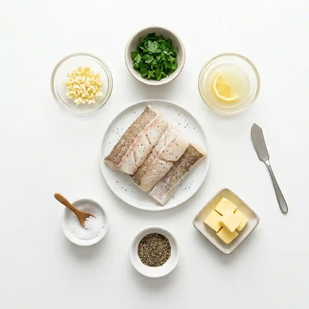 Delicious butter baked cod fresh out of the oven, garnished and ready to serve.