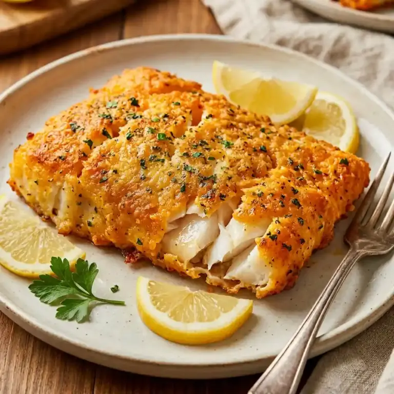 Baked Parmesan Crusted Cod fillet served with fresh herbs and lemon wedges