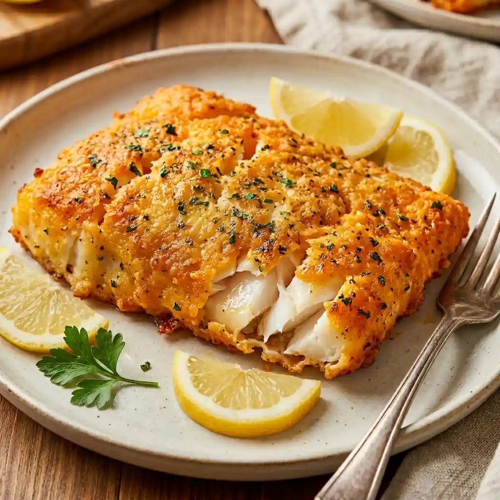 Baked Parmesan Crusted Cod fillet served with fresh herbs and lemon wedges