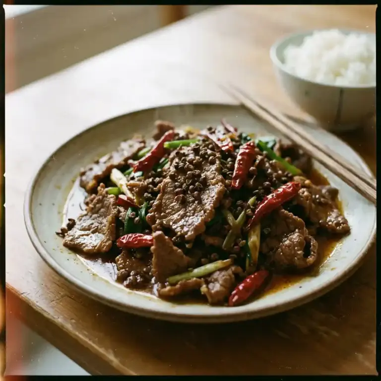 Delicious Szechuan Beef served with vibrant vegetables and spices