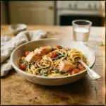 Delicious Tuscan Salmon dish with herbs, tomatoes, and spinach.