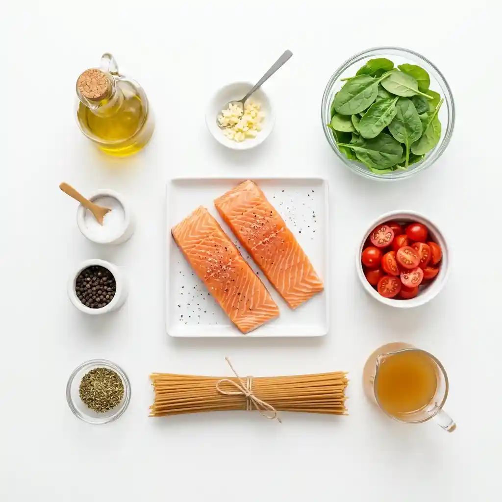 Delicious Tuscan Salmon dish with herbs, tomatoes, and spinach.