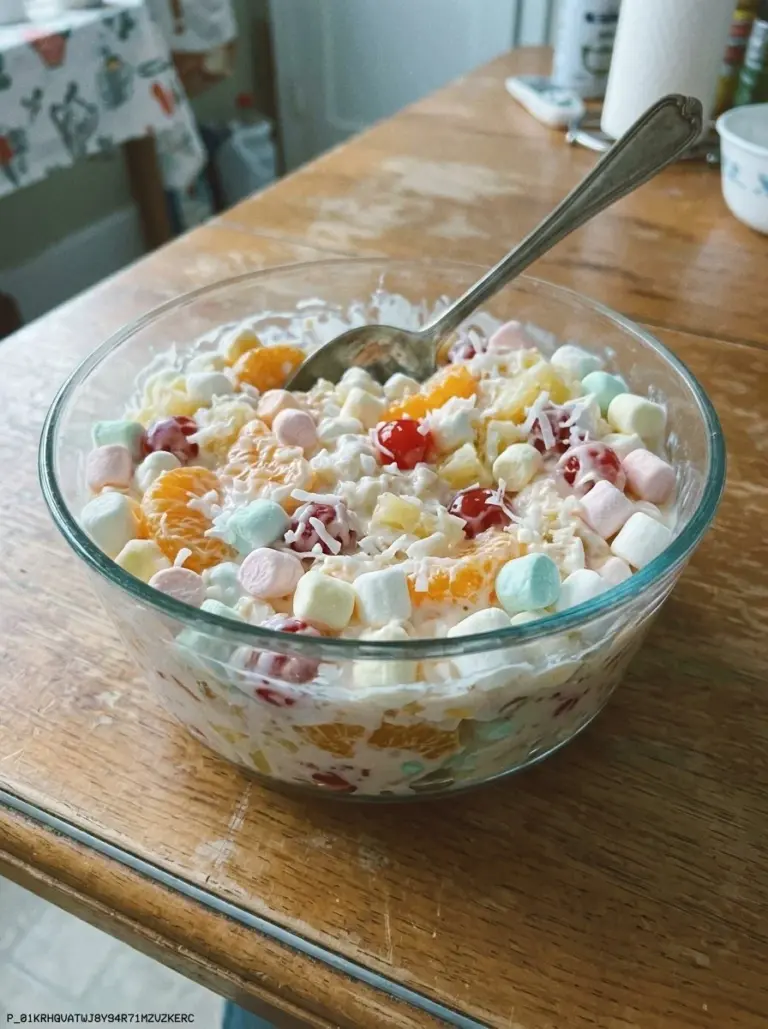 Bowl of colorful Ambrosia Fruit Salad with mixed fruits and marshmallows