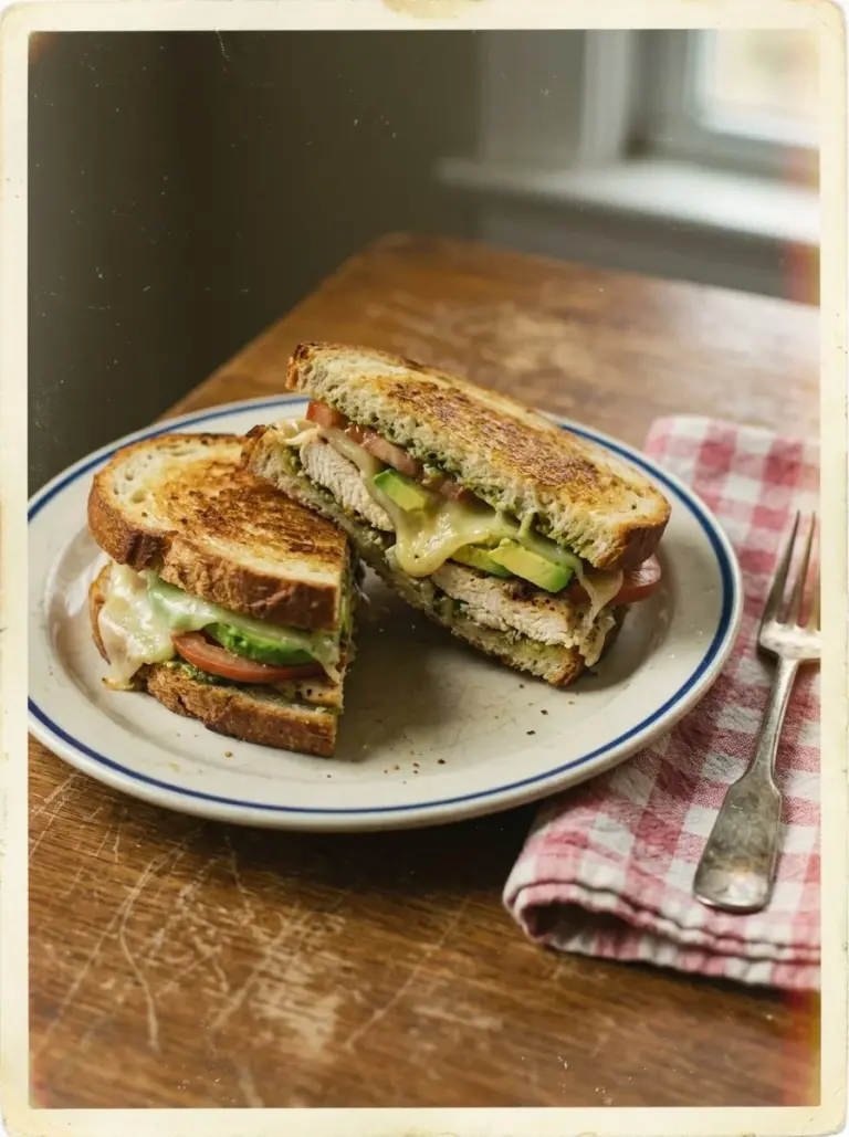 Delicious Chicken Avocado Melt Sandwich with chicken, avocado, and cheese