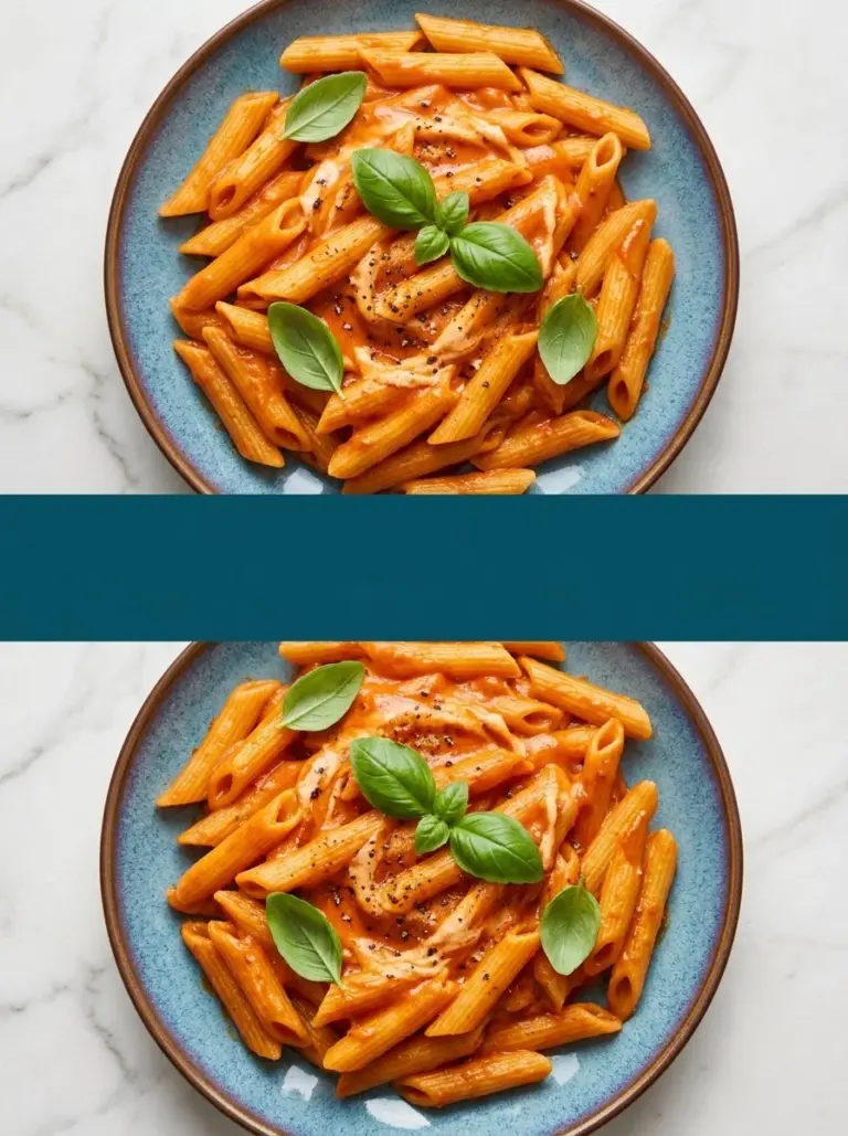 Creamy tomato pasta dish served with fresh basil and parmesan cheese.