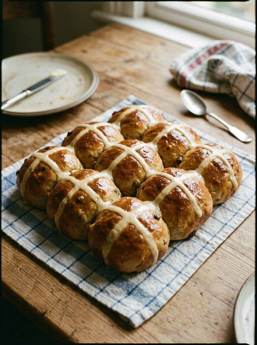 Freshly baked hot cross buns with spices and fruits, perfect for Easter.