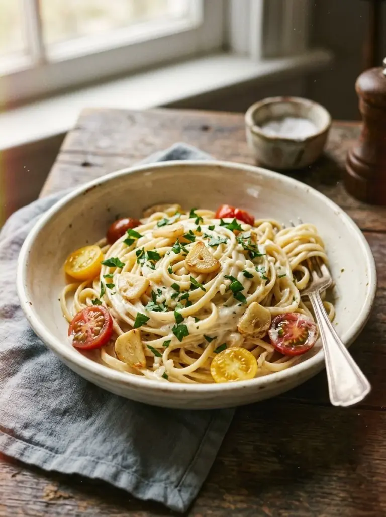 Delicious creamy garlic pasta served in a bowl, topped with parsley.