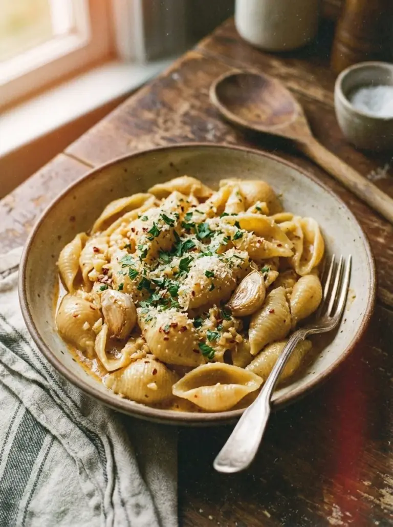 Delicious one pot garlic butter pasta dish served in a bowl.