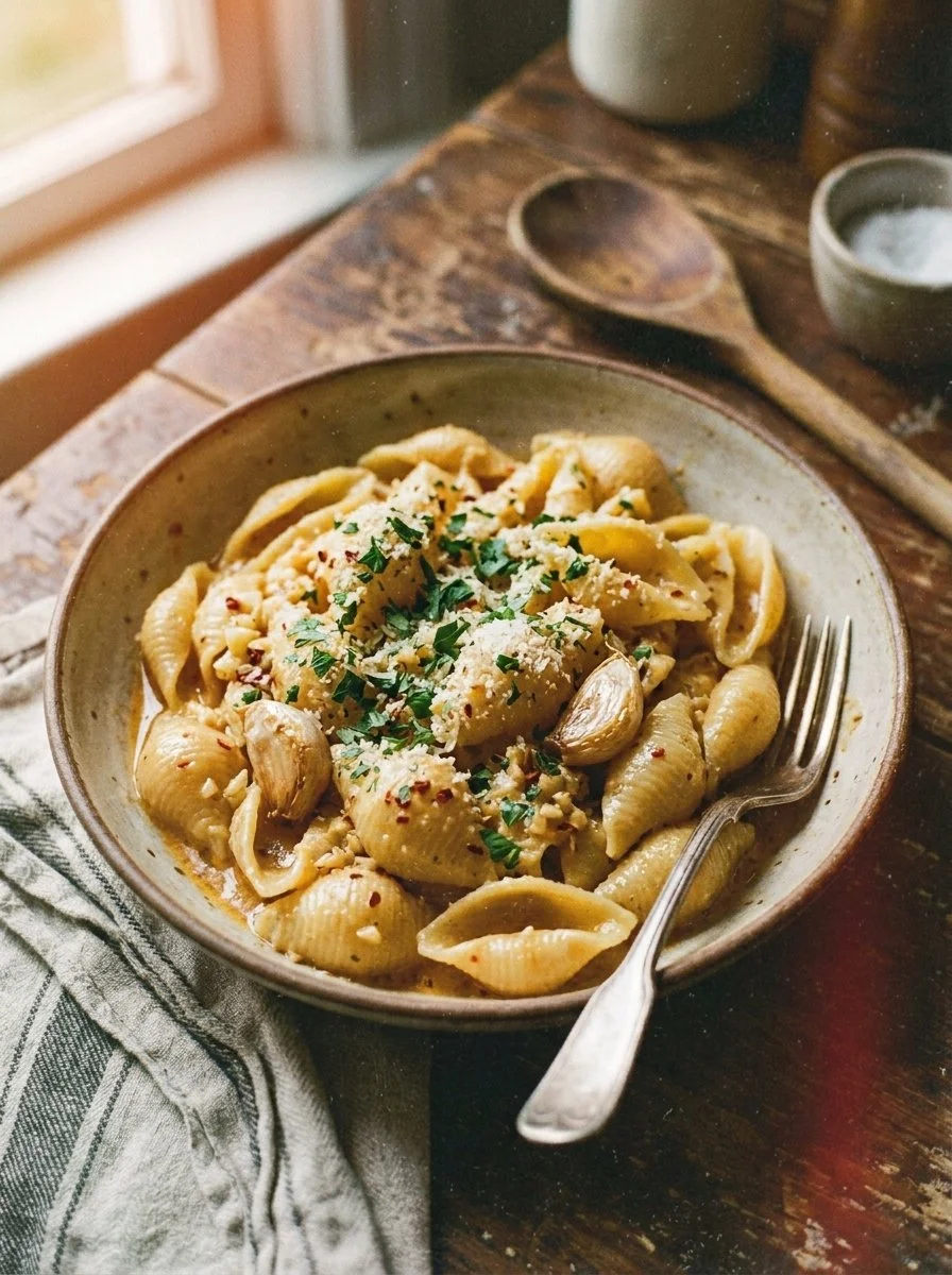 Delicious one pot garlic butter pasta dish served in a bowl.